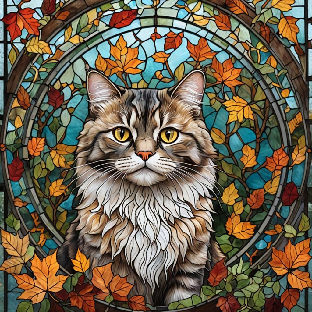 Stained Glass Portrait of Fluffy Cat with Autumnal Design