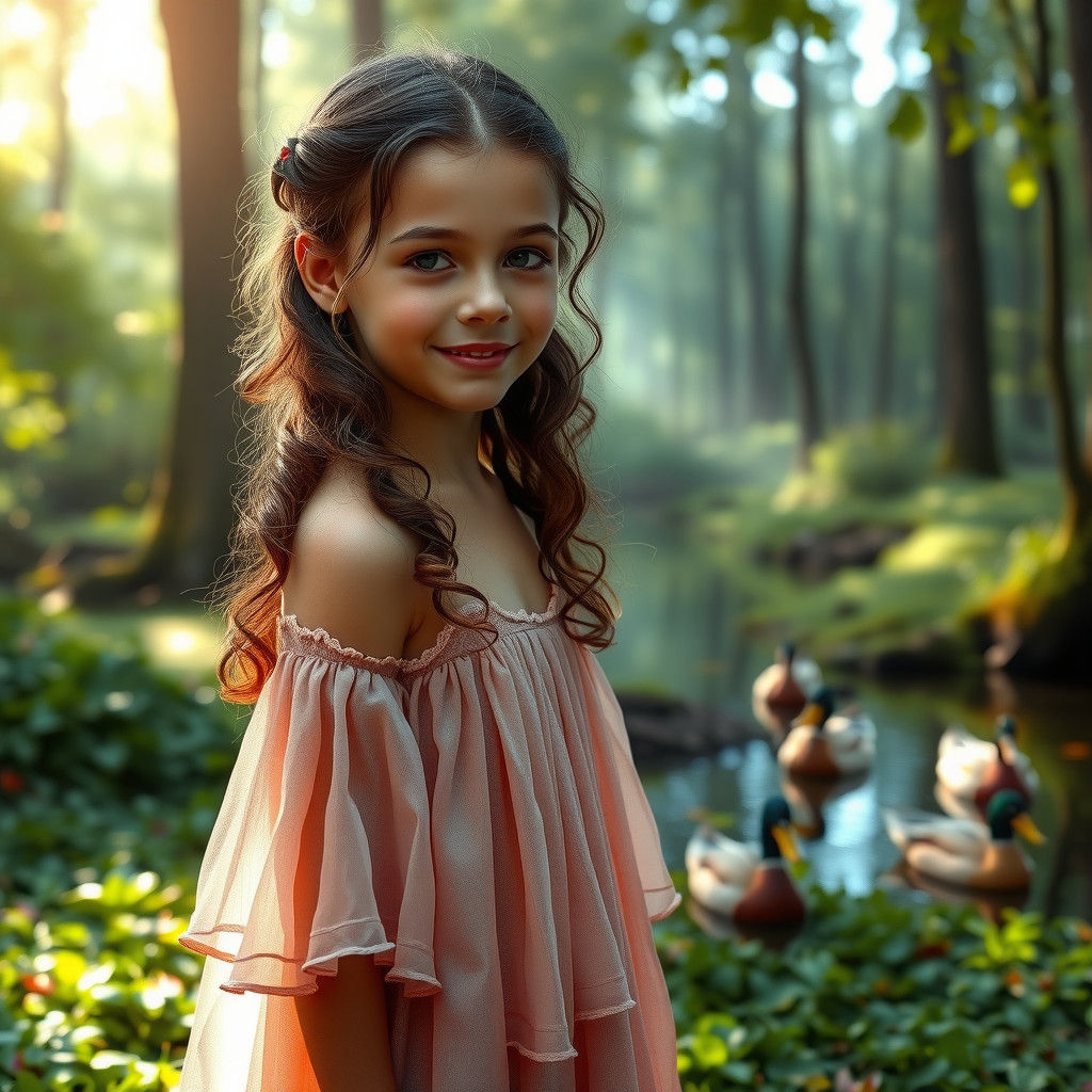Brunette Girl in Rose Dress in Forest Clearing