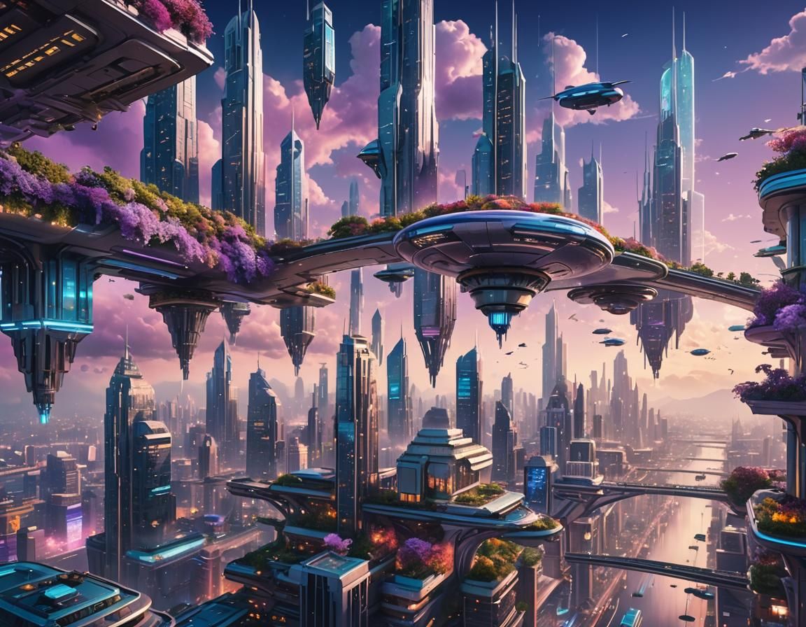 Futuristic Aerial Metropolis with Flying Cars