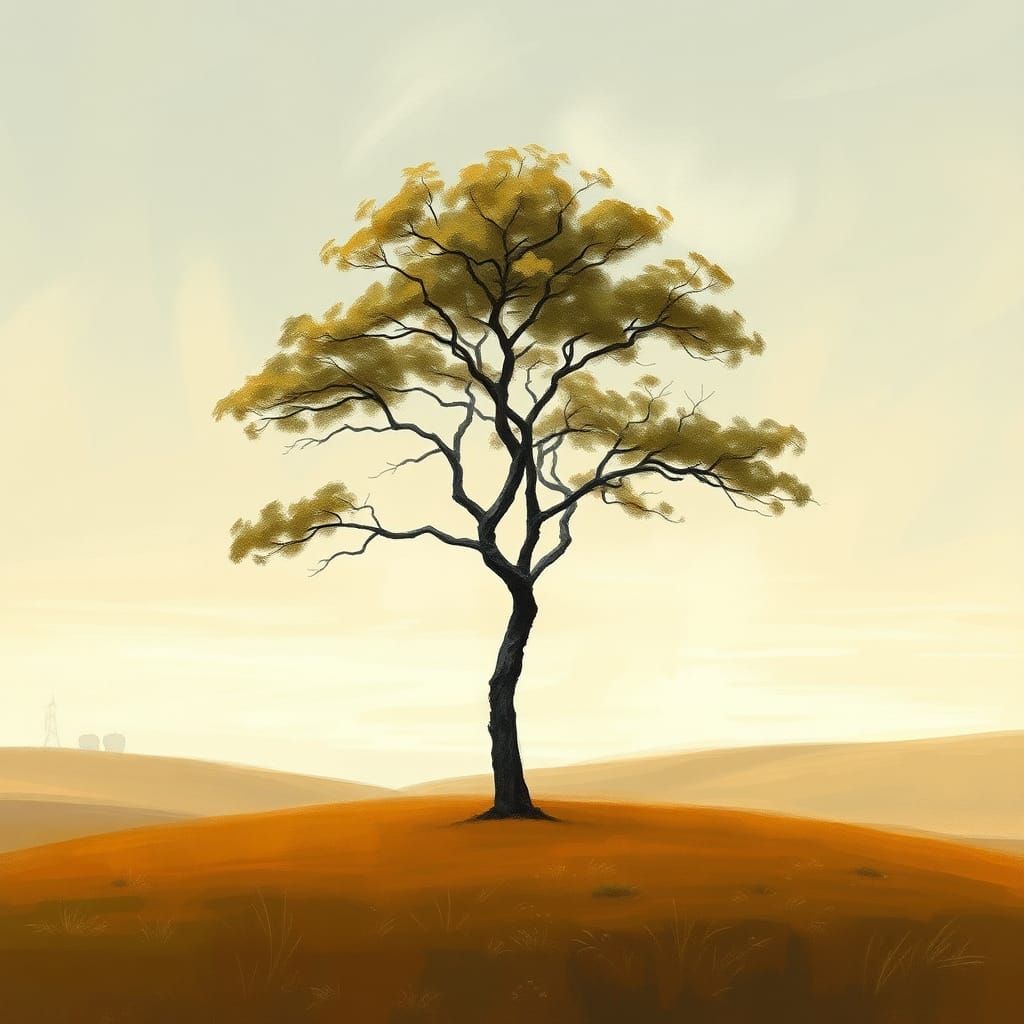 Lone Tree Swaying in Wind: Rustic Painting