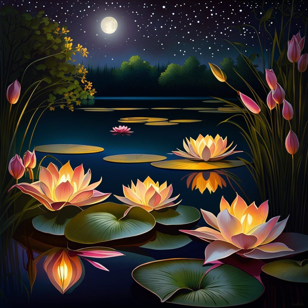Floating Lanterns Above Lily Pond at Night