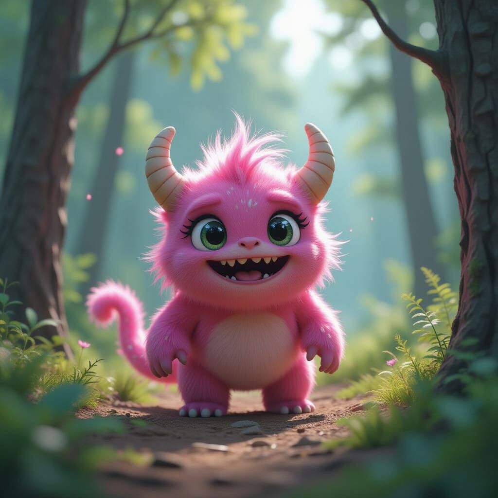 Cute Pink Monster in Enchanted Forest - Fantasy Art