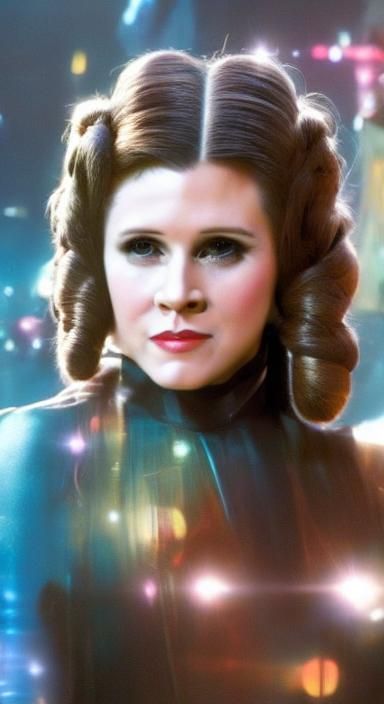 Young Princess Leia in Sci-Fi Cityscape