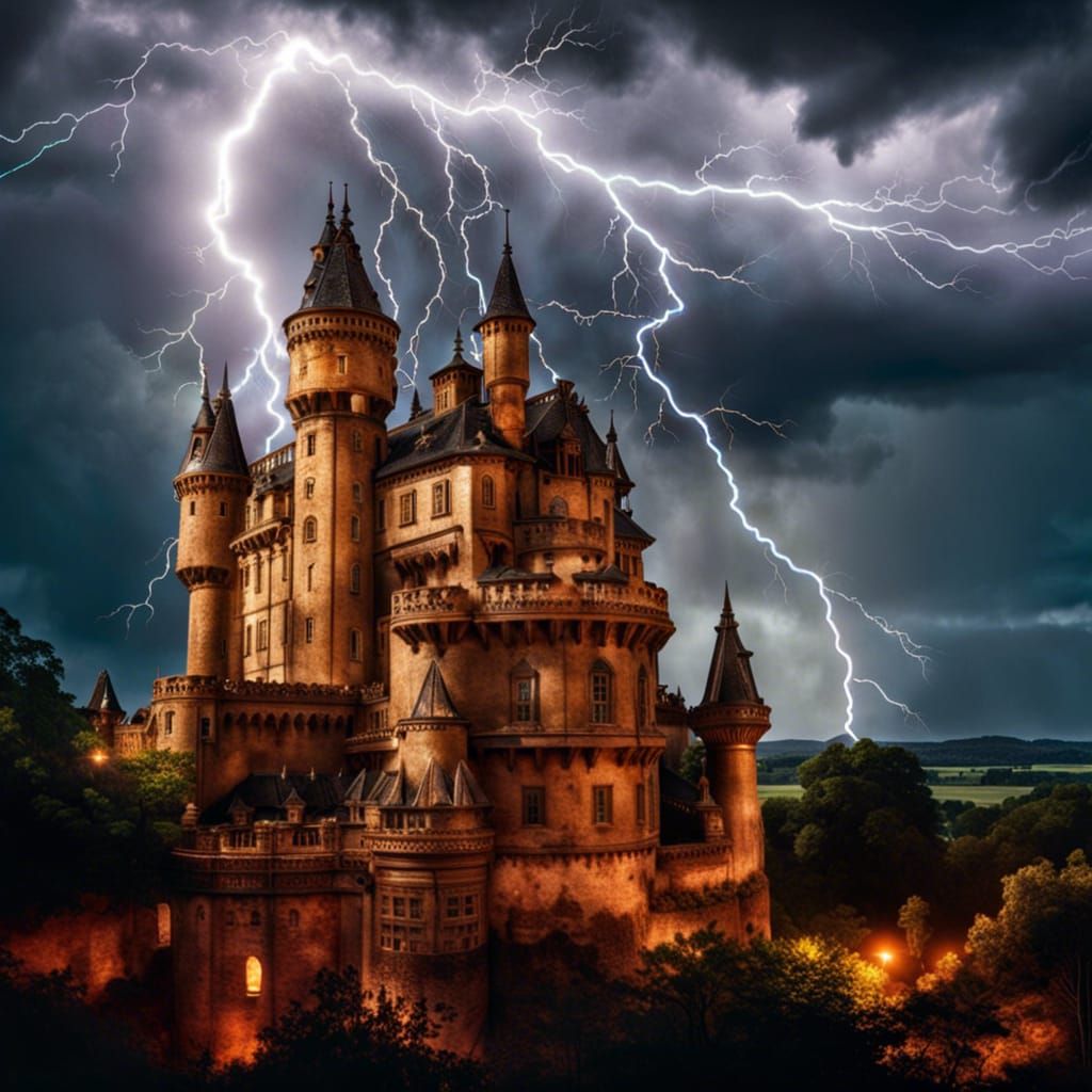Hyperrealistic Castle Engulfed in Thunder and Lightning