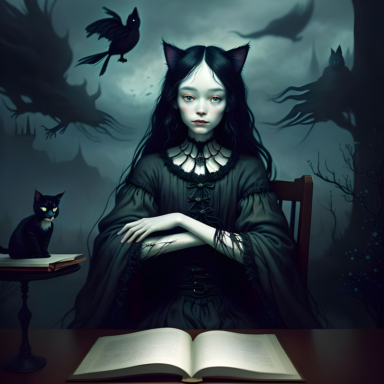 Cats, Book reader collector sitting on a comfortable chair with piles of books everywhere and cats Surreal Fantasy Lands...