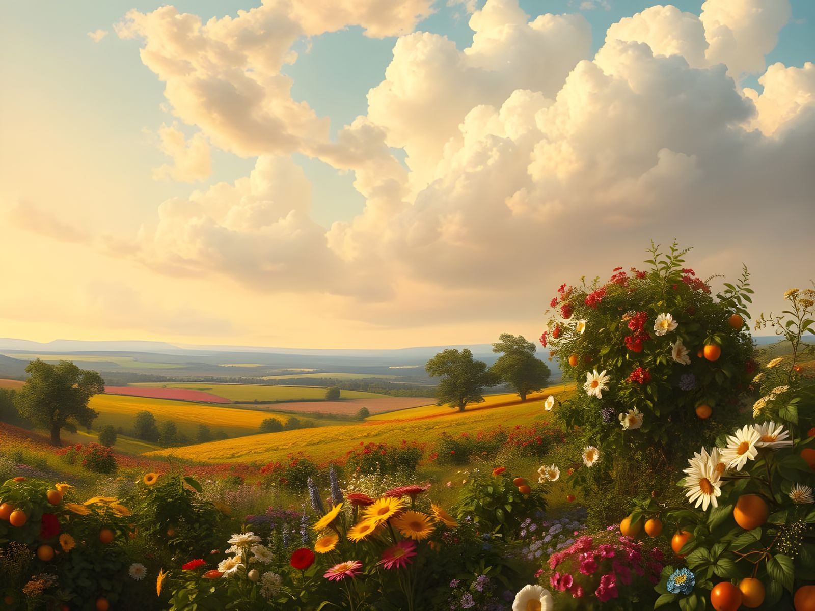 Vibrant 19th-Century Landscape with Blooming Flowers and Fru...