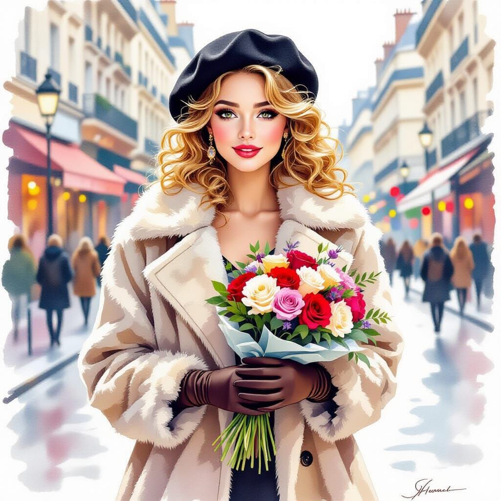 Young Woman in Fur Coat on Champs-Élysées, Watercolor Style