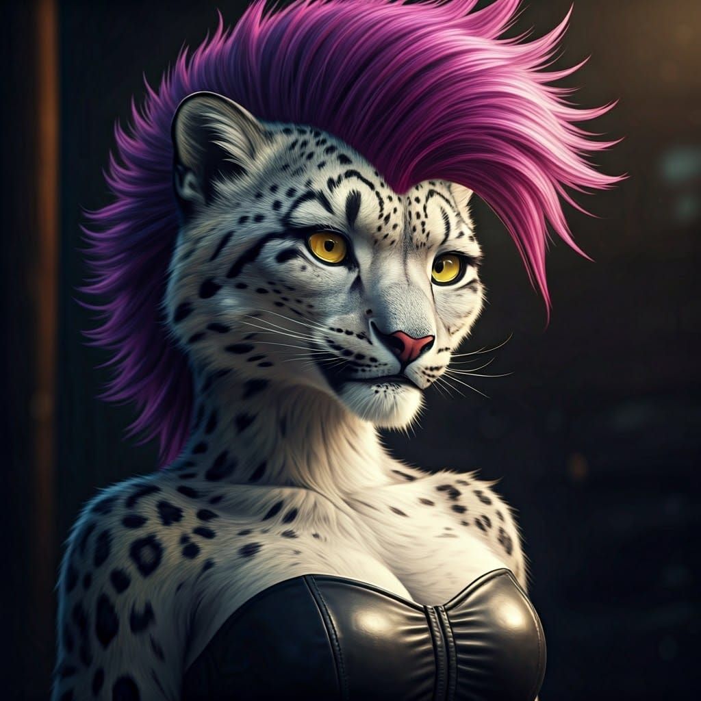 Sleek Snow Leopard Goddess with Wild Purple Mohawk