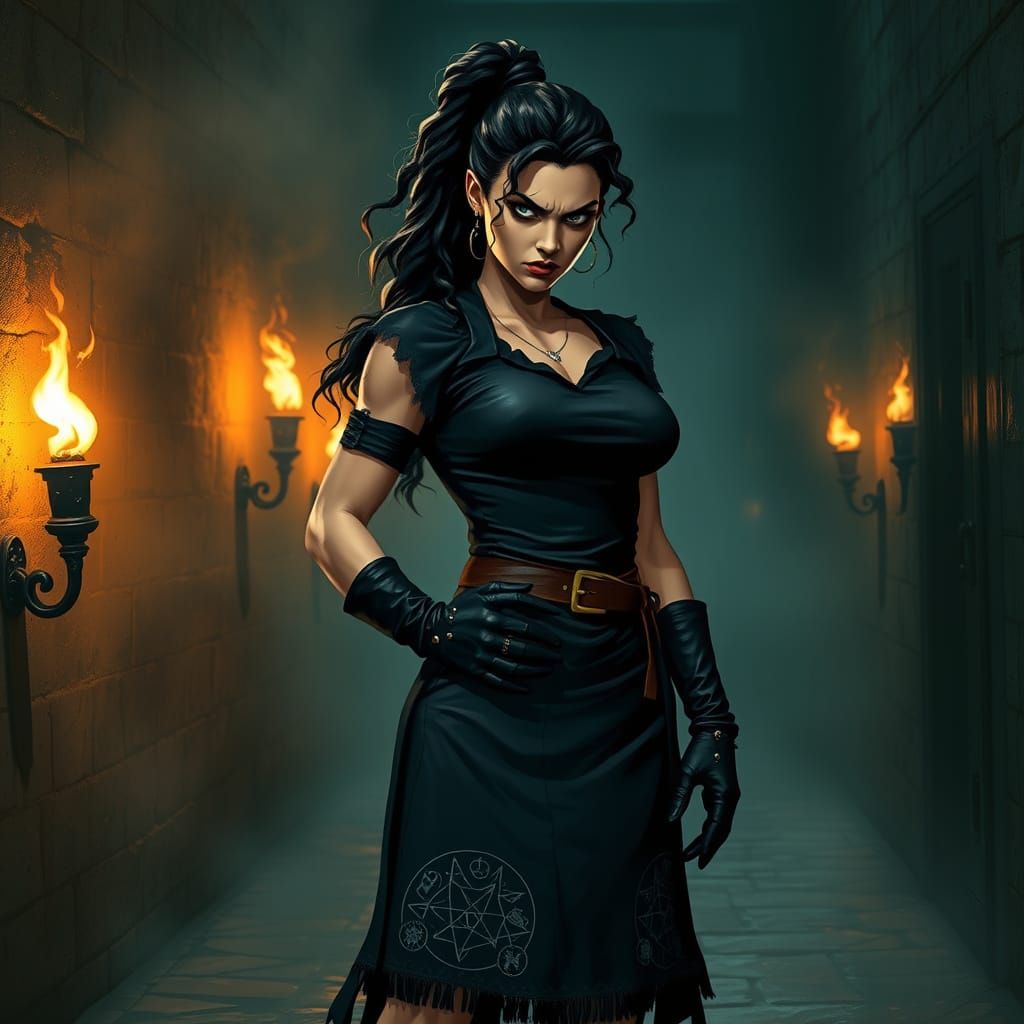 Dark and Moody Female Witch in a Haunting Alleyway Scene