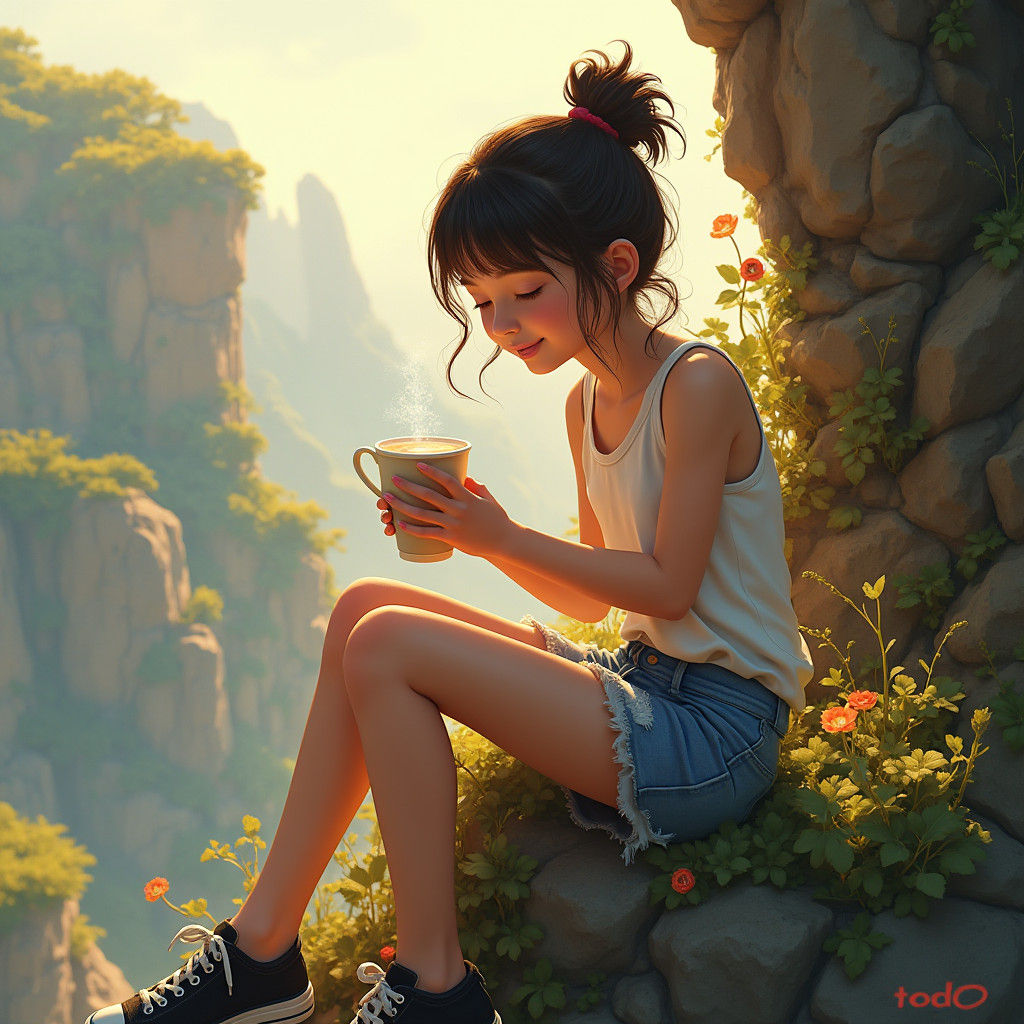 Girl on Cliffside with Milk Tea: Fantasy Matte Painting