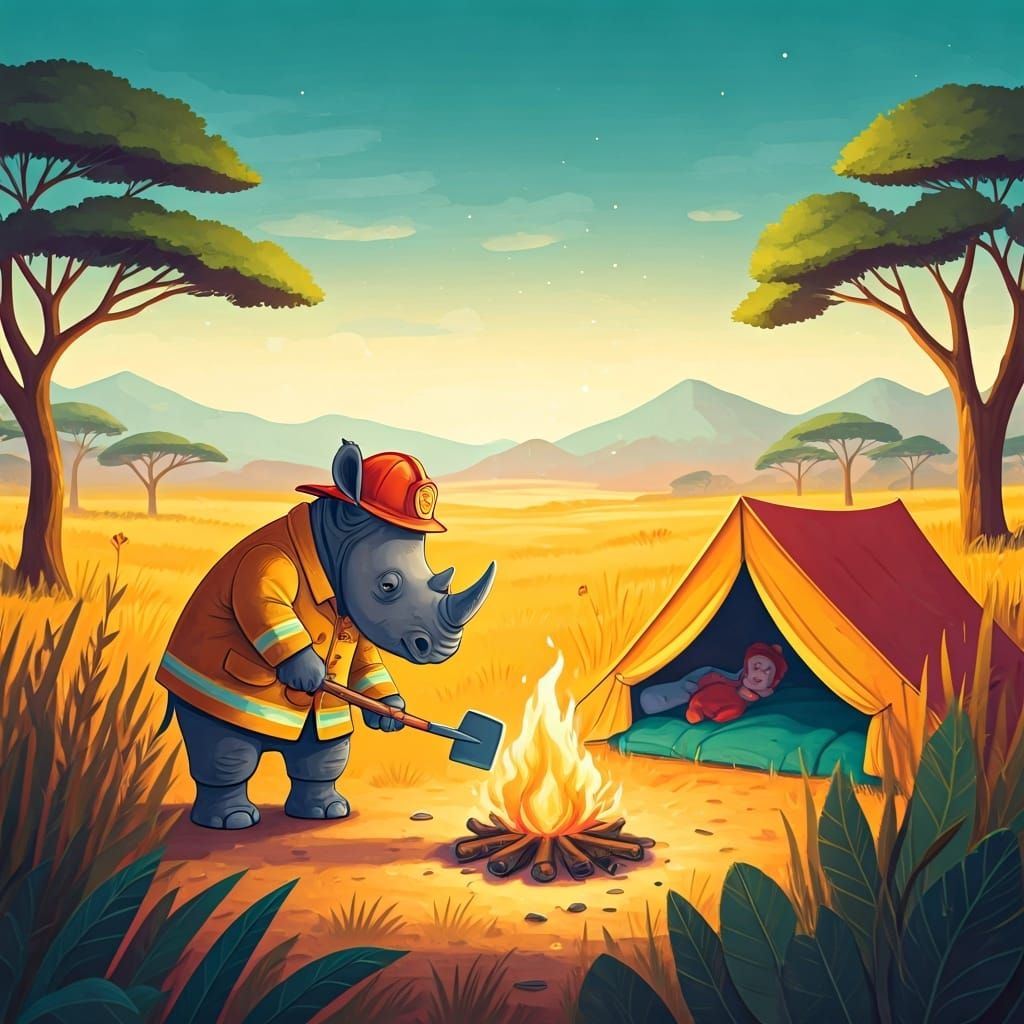 Rhino Firefighter in Savannah, Picture Book Illustration