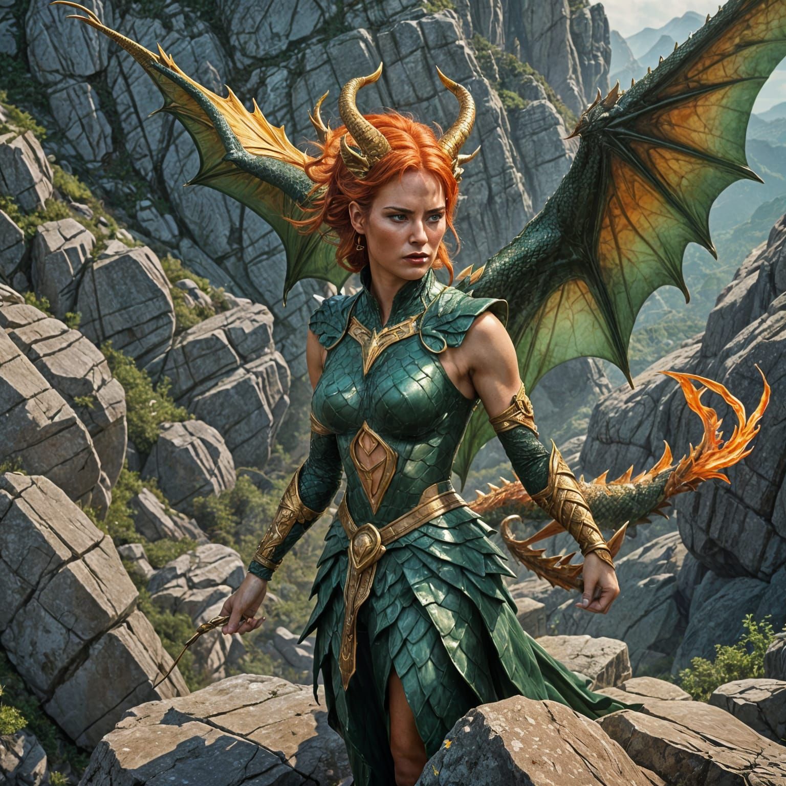 Photorealistic Dragon-Woman with Fiery Wings