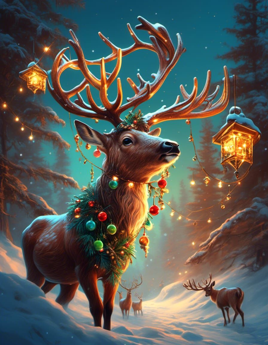 Cute Reindeer with Christmas Lights and Decorations