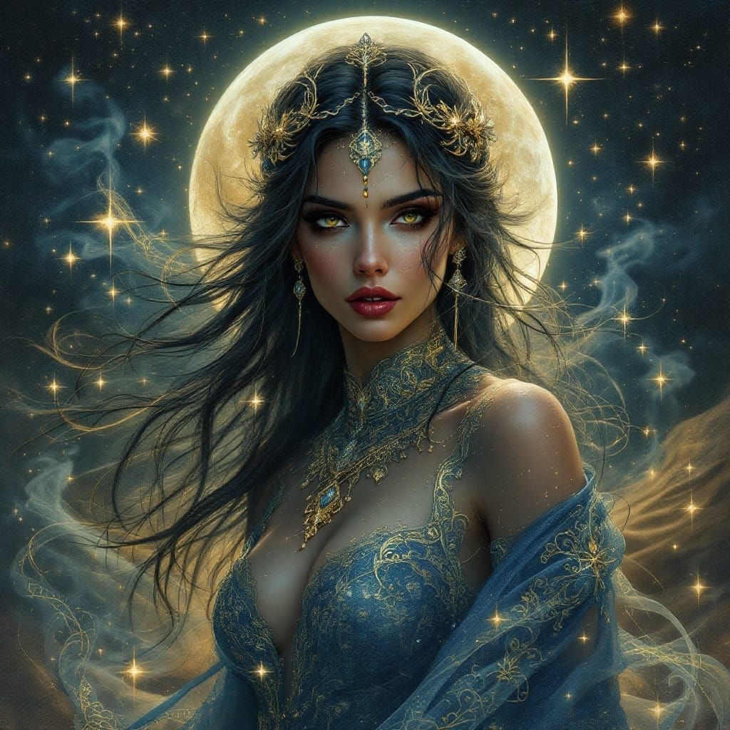 Captivating Djinn in Starry Night with Gold Leaf