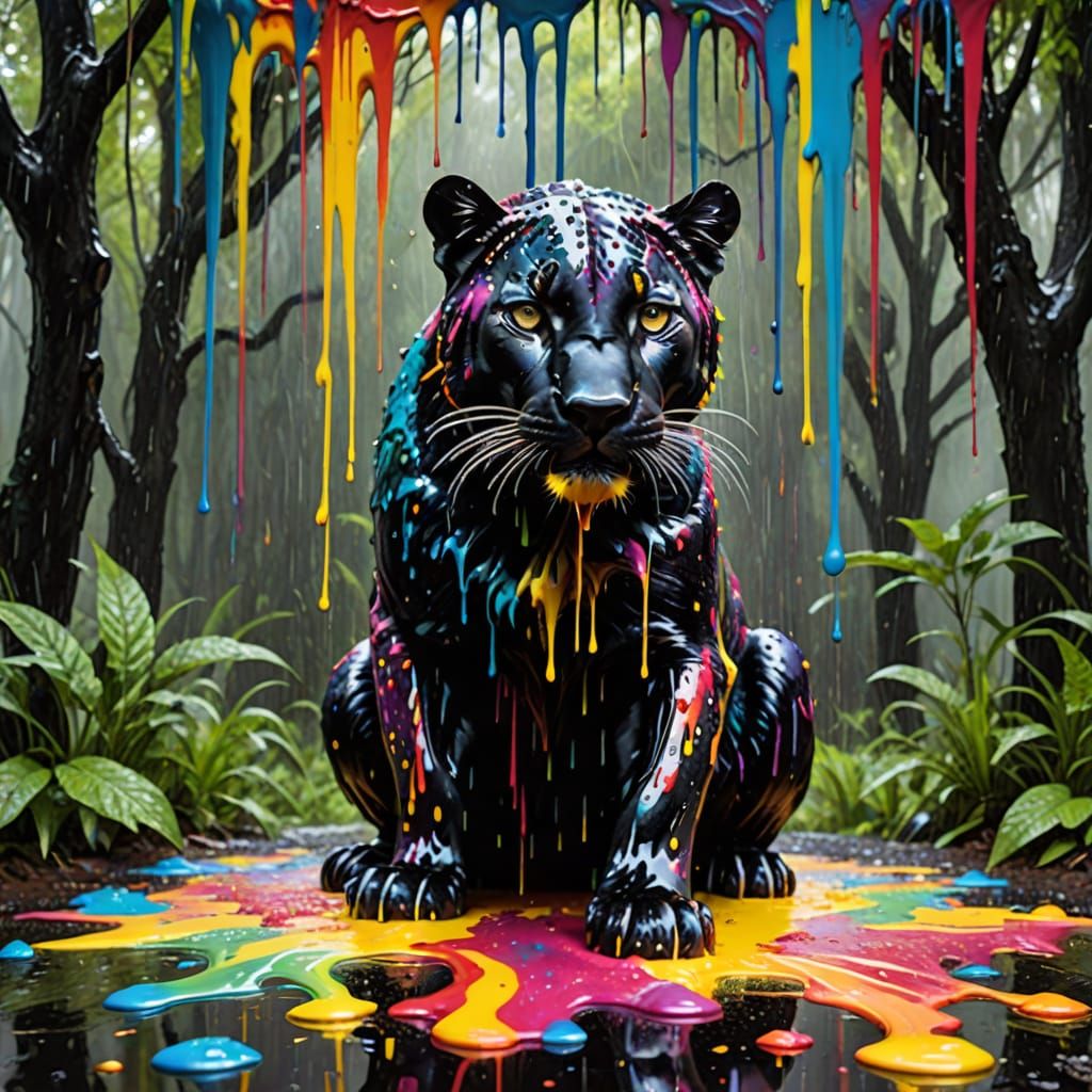 Panther Drenched in Vibrant Paint Drops in a Stormy Composit...