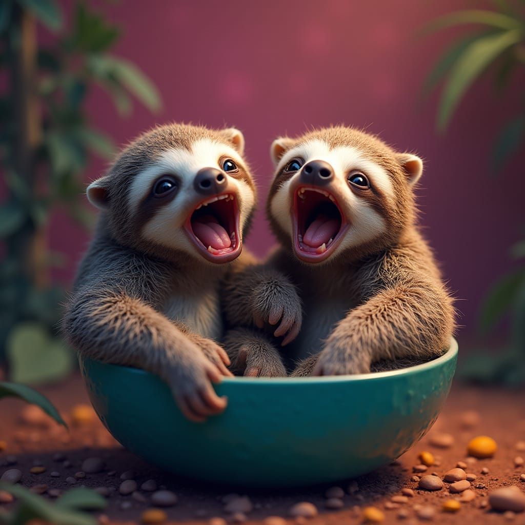 Baby Sloths Yawning in Bowl: Hyperrealistic Digital Art