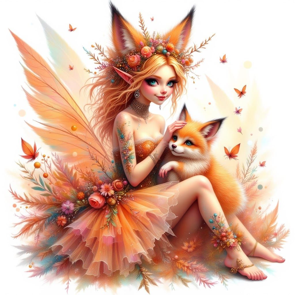 Dryad Woman with Fox Cub in Fiery Floral Dress