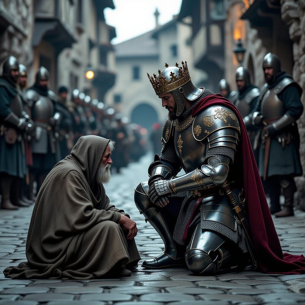 Medieval King Kneels Before Beggar: Cinematic Scene
