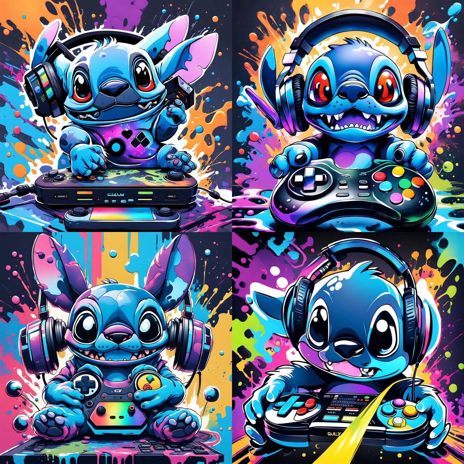 Stitch Playing Video Games in Graffiti Art Style
