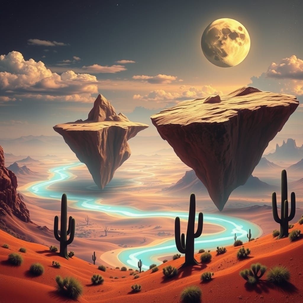 Surreal Desert With Floating Islands and Crystal Cacti