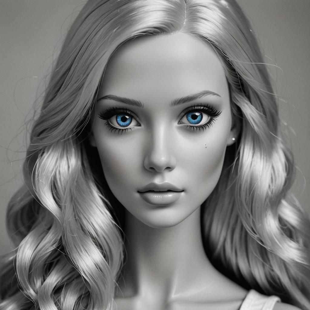 Hyperrealistic Barbie with Blue Eyes: Black and White Photo