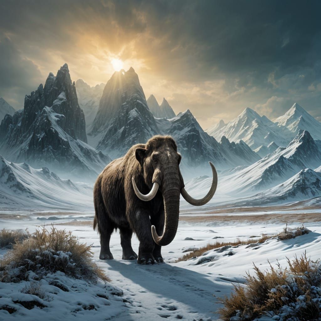 Majestic Woolly Mammoth in Prehistoric Tundra Landscape