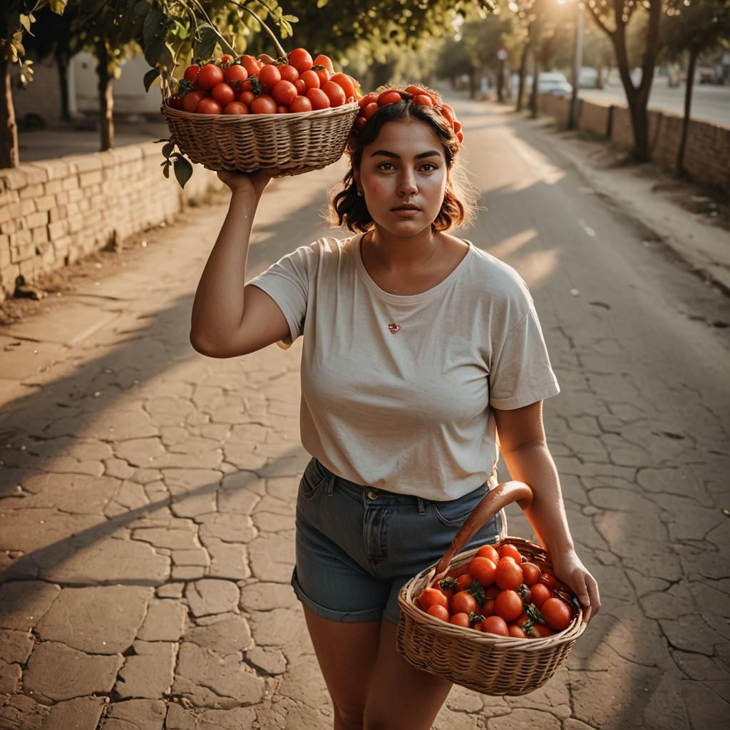 Curvy Girl with Tomatoes: Hyperrealistic Portrait Photograph...