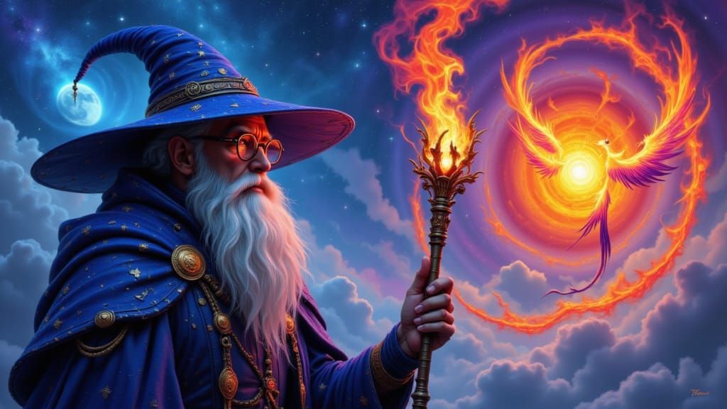Wizard Casting Fire Spell with Phoenix in Cyberpunk Style