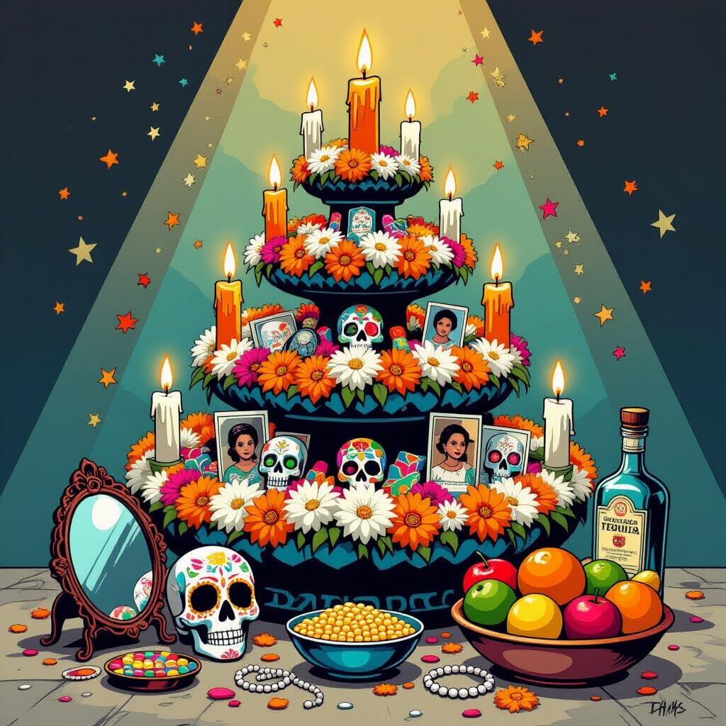 Vibrant Day of the Dead Ofrenda With Family Photos and Tequi...
