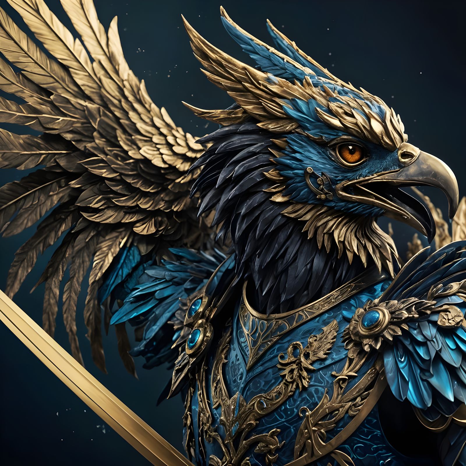 Pop Surrealist Vision of a Golden Bird and Cyborg Dragon