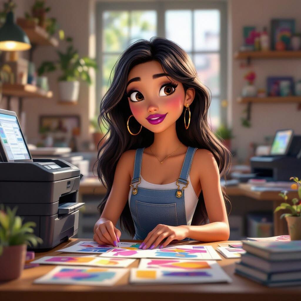 Pixar-Style Woman in a Digital Print Shop