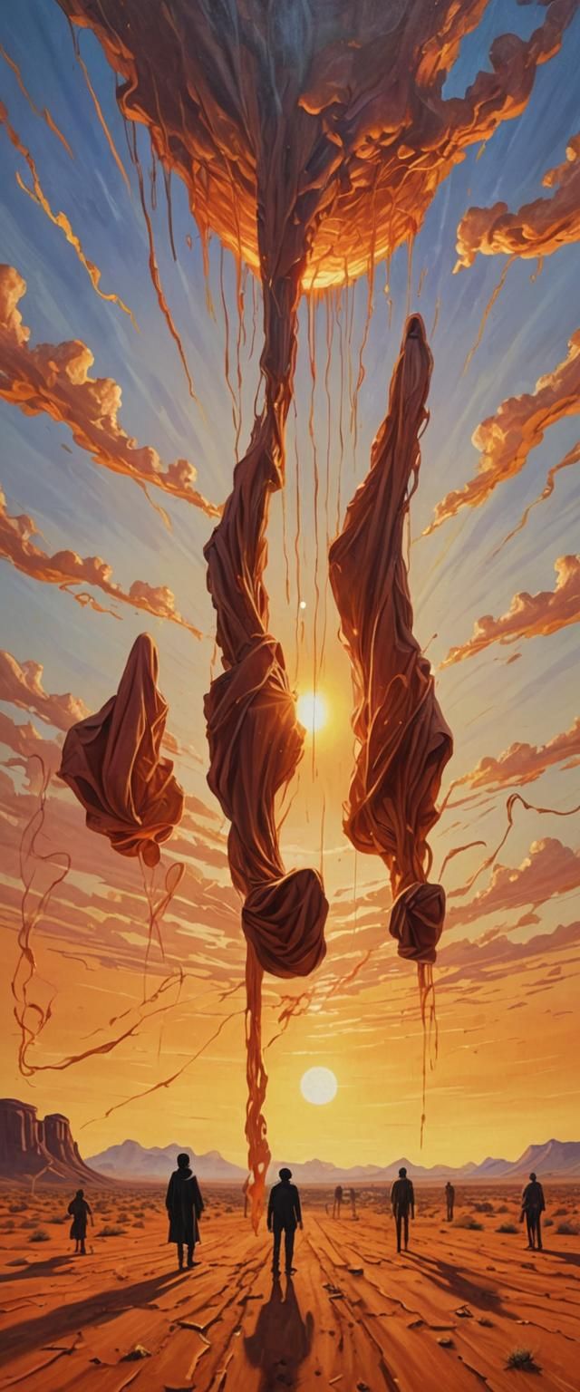 Surreal Faceless Figures Fall Towards Dying Sun