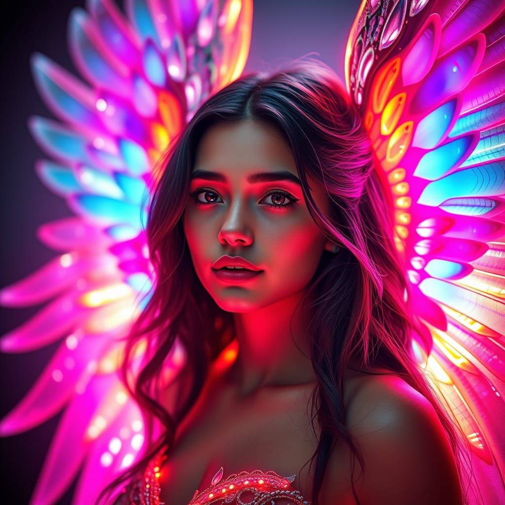 Glowing Wings: A Hyper-Realistic Neon Portrait