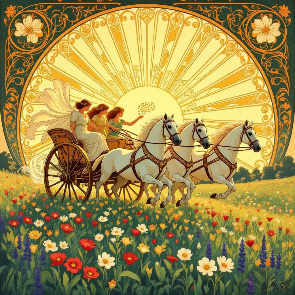 Art Nouveau Chariot of Light Soaring Over Flower Fields