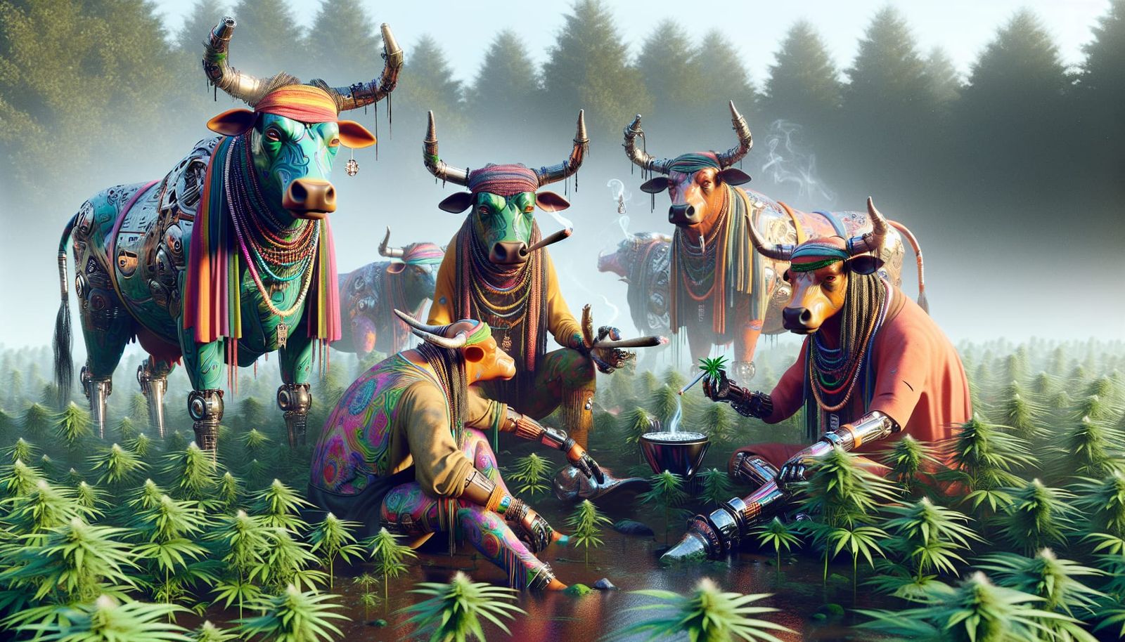 Psychedelic Hippie Bulls Share Joint in Futuristic Marsh