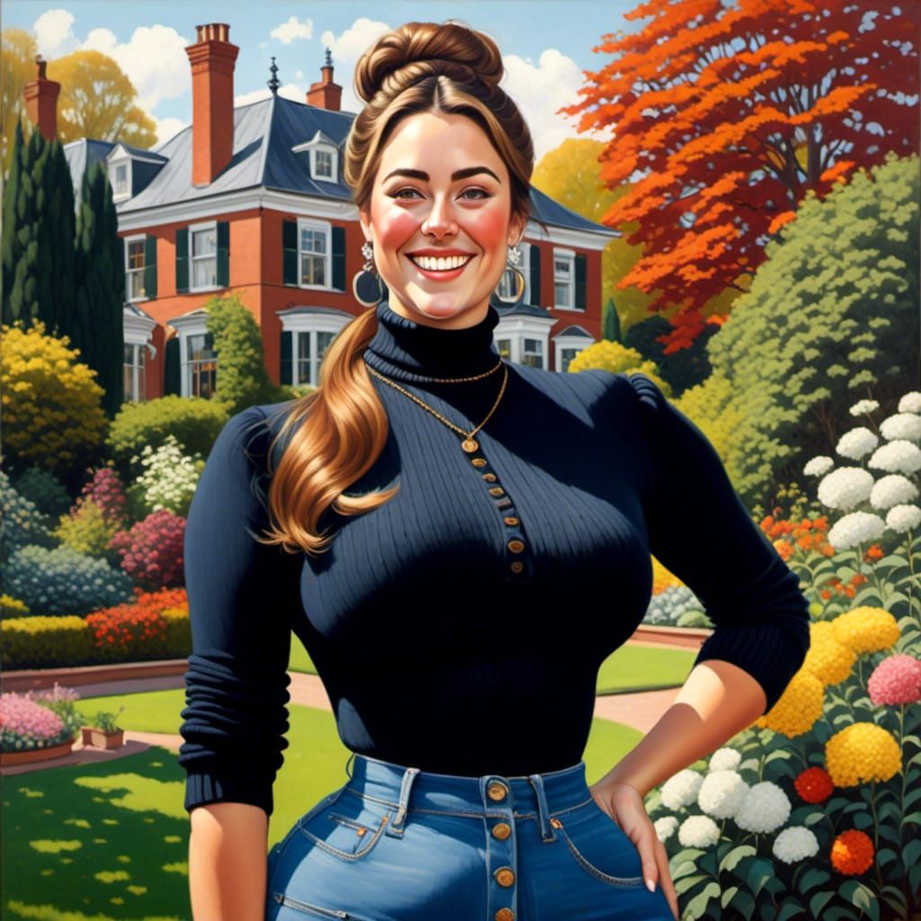 Elegant Woman in Garden, Oil-Gouache Portrait