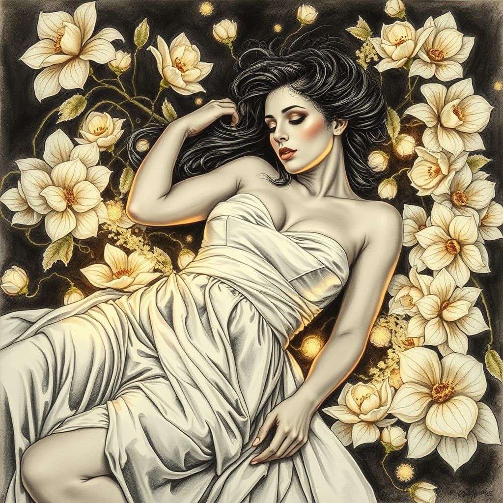 Sensual Venus in Floral Tornado: Charcoal Drawing