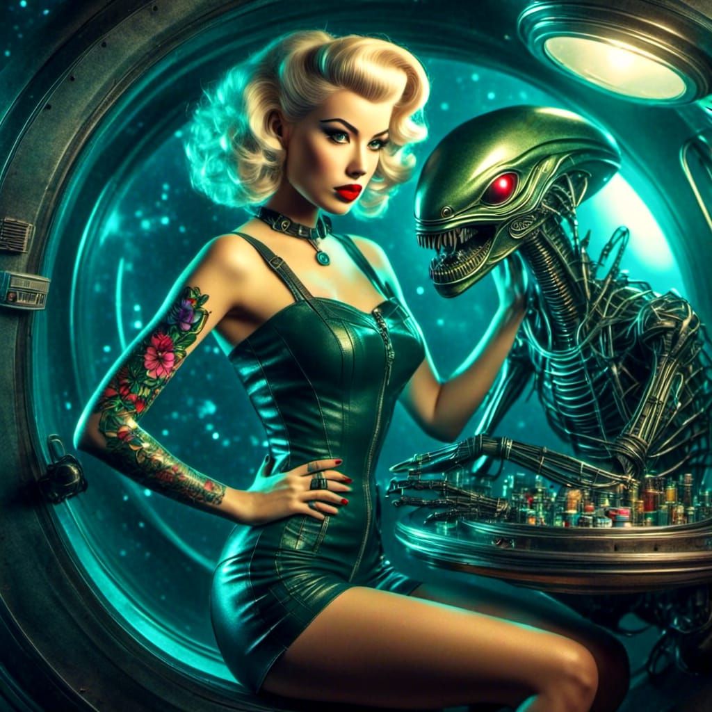 Retro Sci-Fi Alien Pinup on Spacecycle