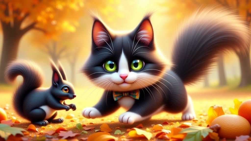 Cat and Squirrel Frolic in Autumn Light