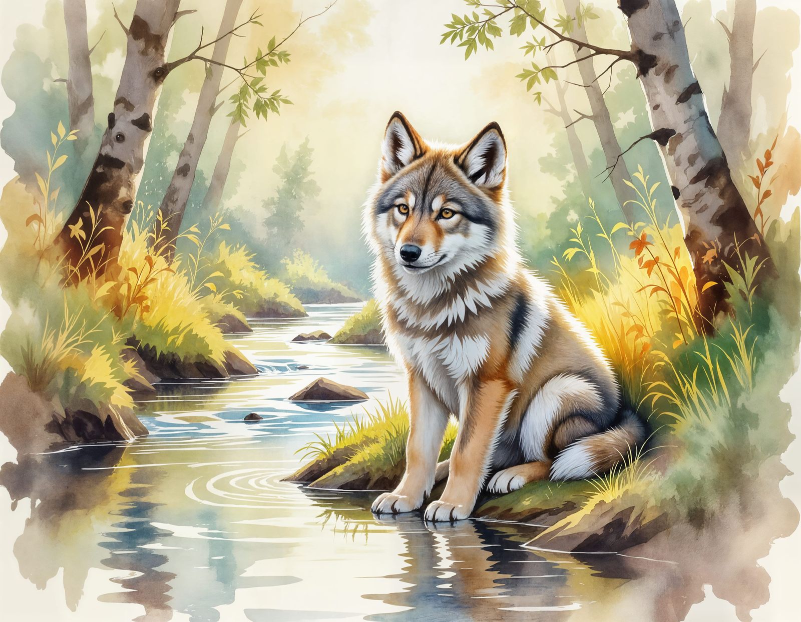 Gentle Wolf Pup by Forest Stream in Watercolour Style