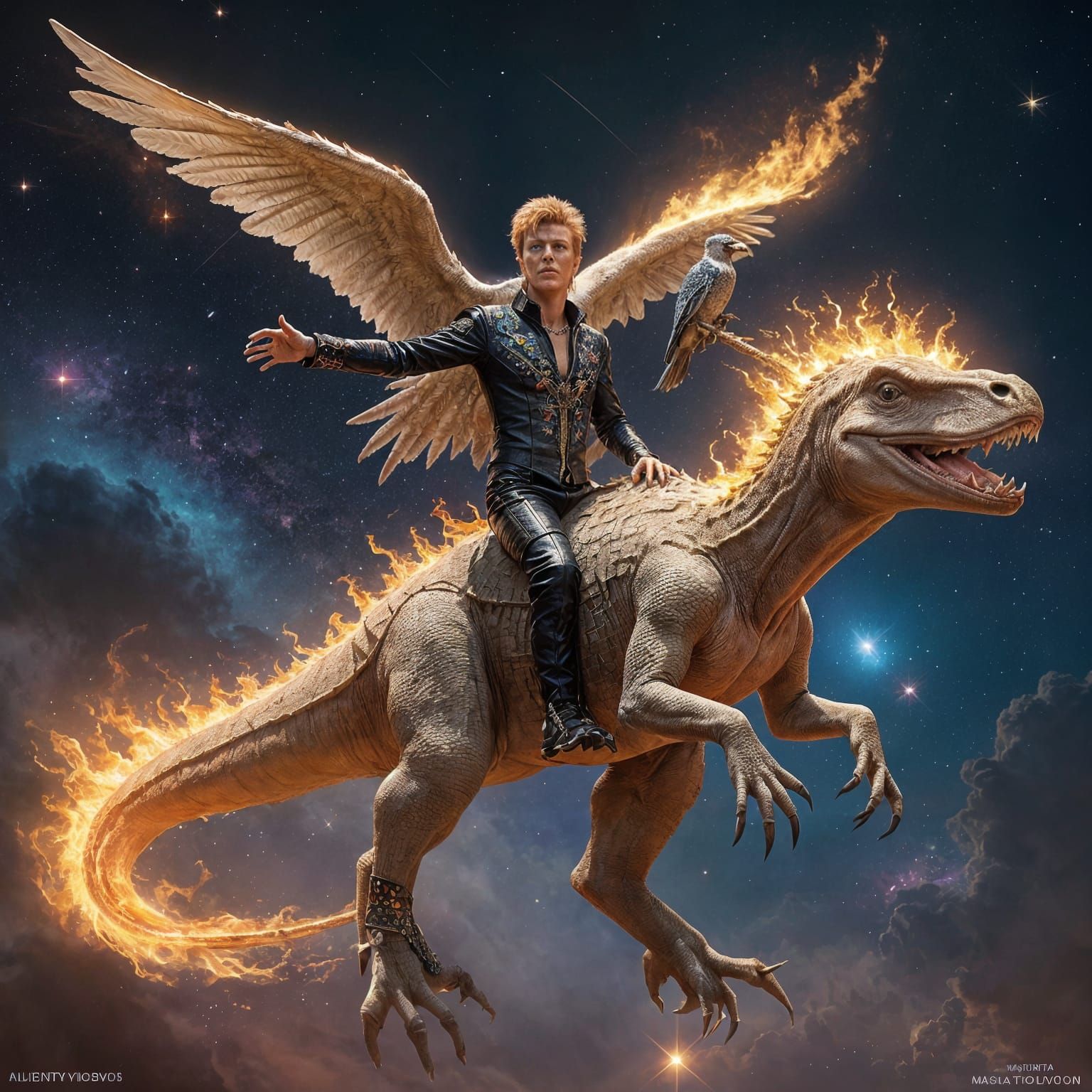 David Bowie with a Majestic Stegosaurus in Cosmic Splendor