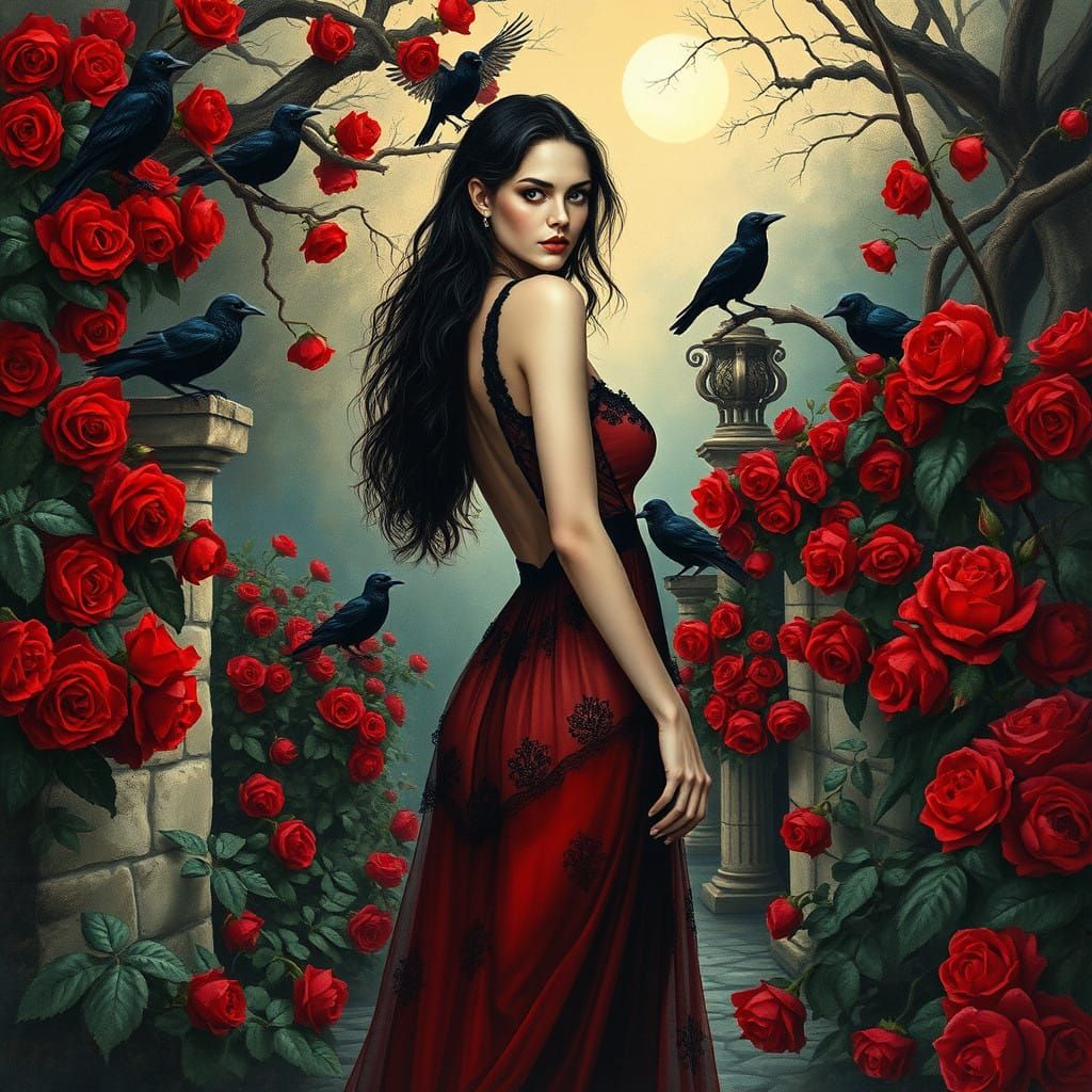 Gothic French Garden Scene with Lady in Red Dentelle Gown