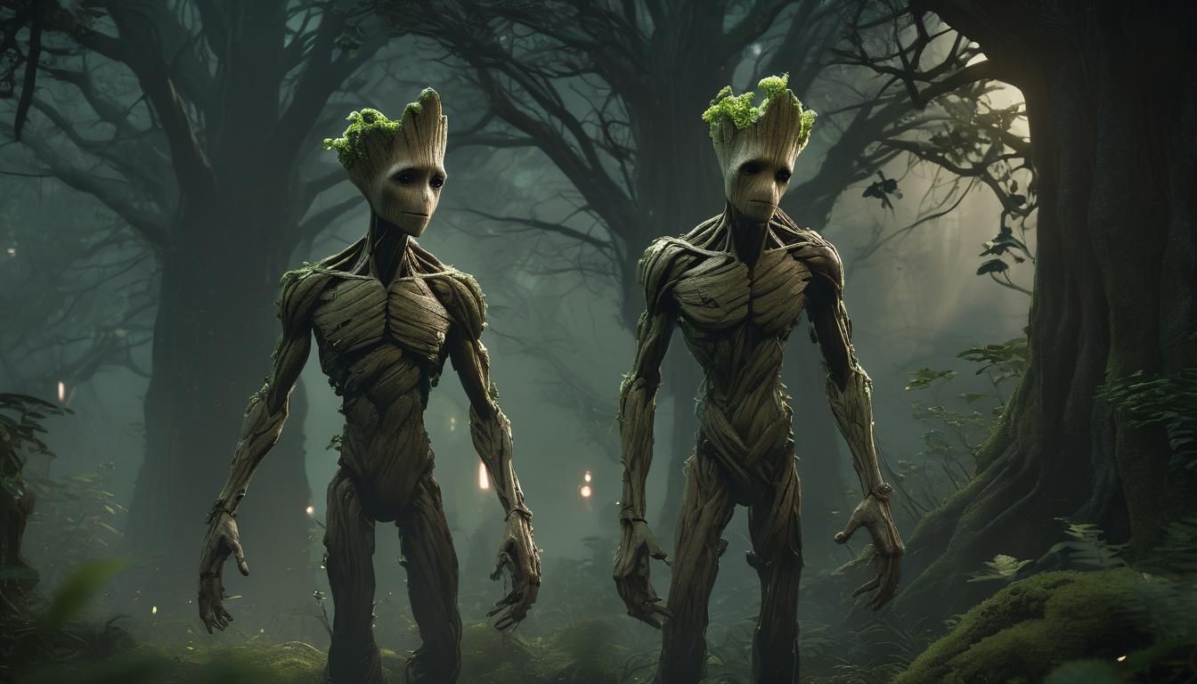 Groot in a Mysterious Forest, Swarming with Glowing Beetles
