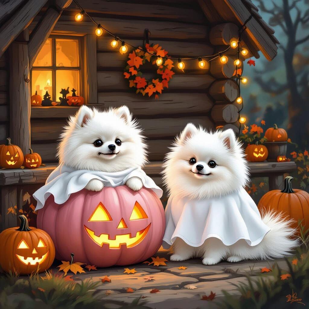 Halloween Pomeranians in Ghost Costumes Near Log Cabin