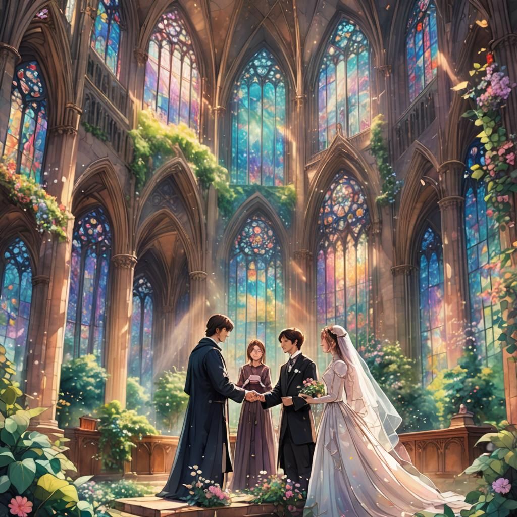 Fantasy Anime Wedding in Cathedral, Watercolor Style