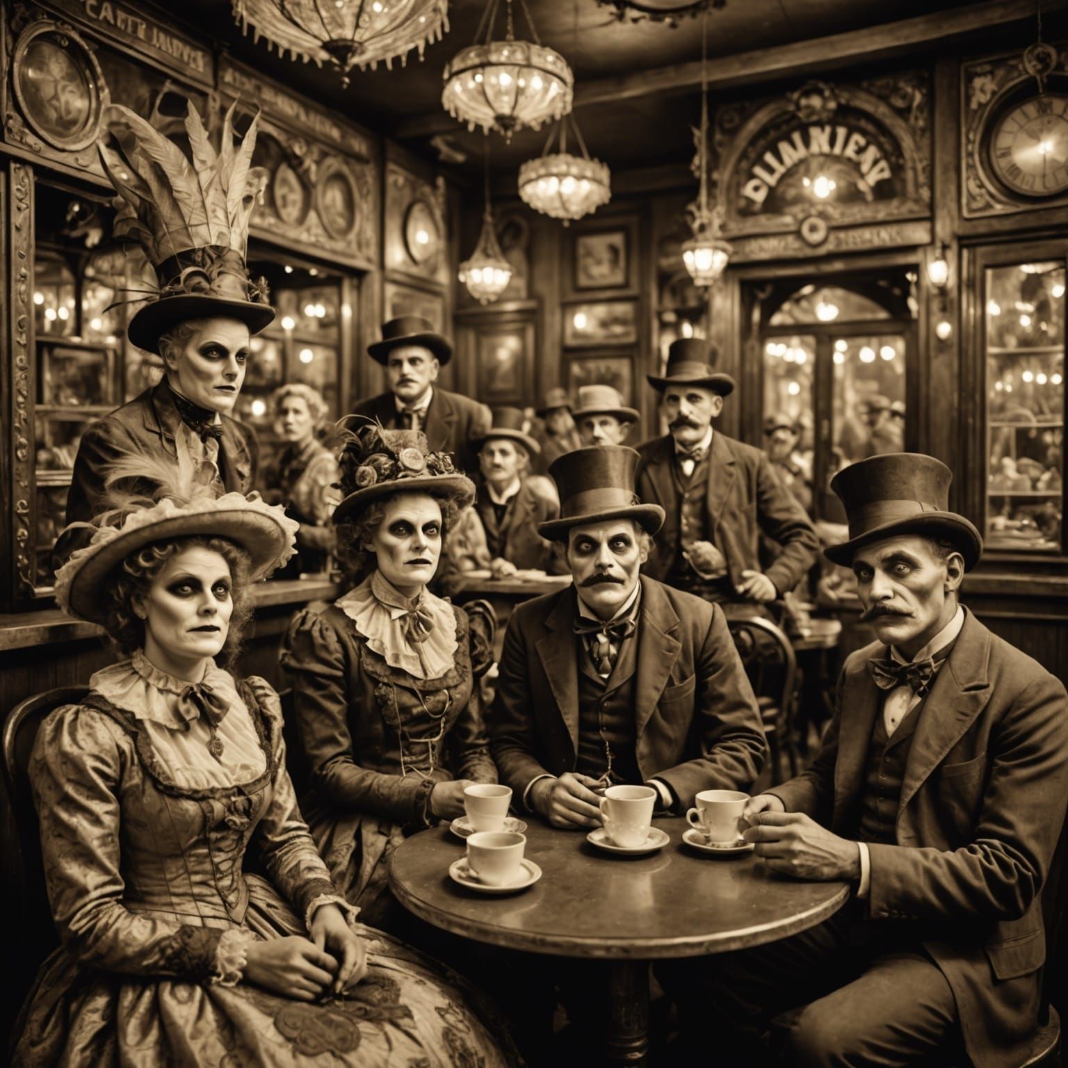 Bizarre Carnival Freaks in Enchanted Cafe - Vintage Sepia Ph...