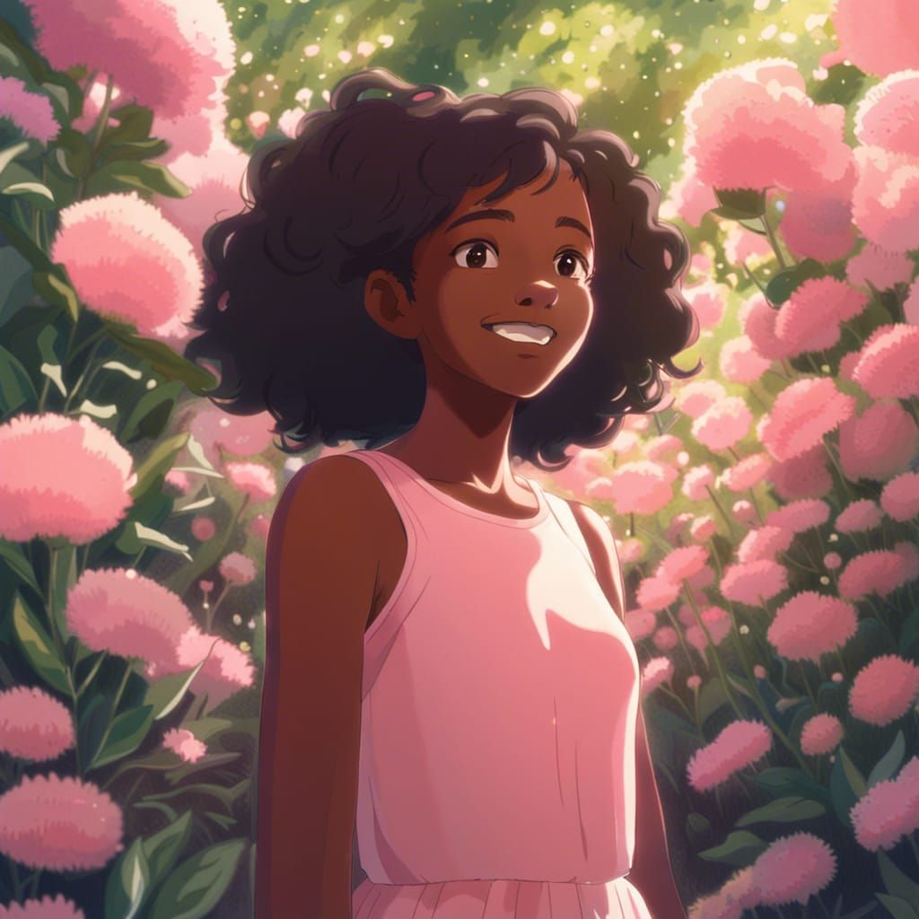 Anime Portrait: Girl Smiling in Flower Garden