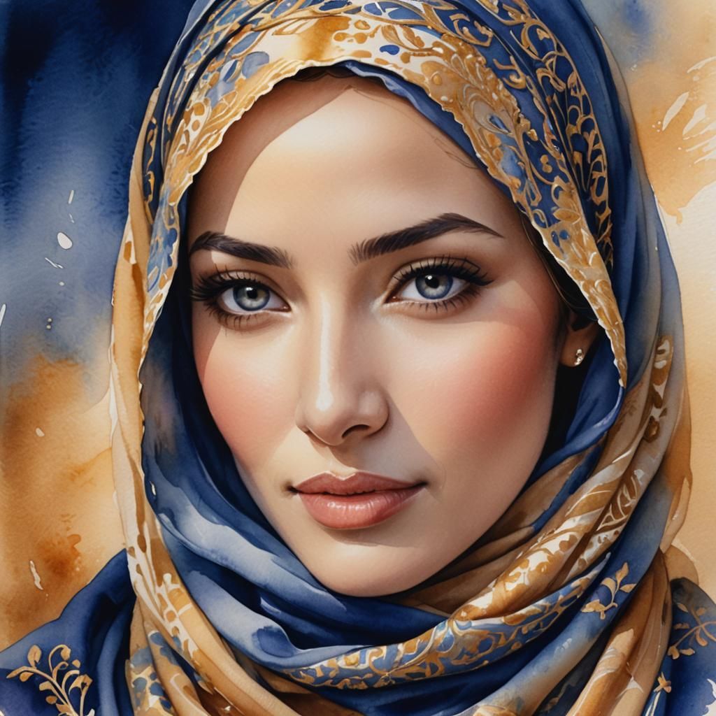 Woman in Hijab: Romantic Watercolor Portrait