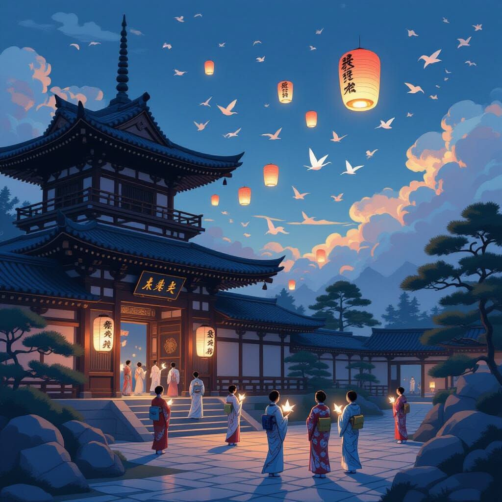 Japanese Palace Festival With Floating Lanterns and Cranes