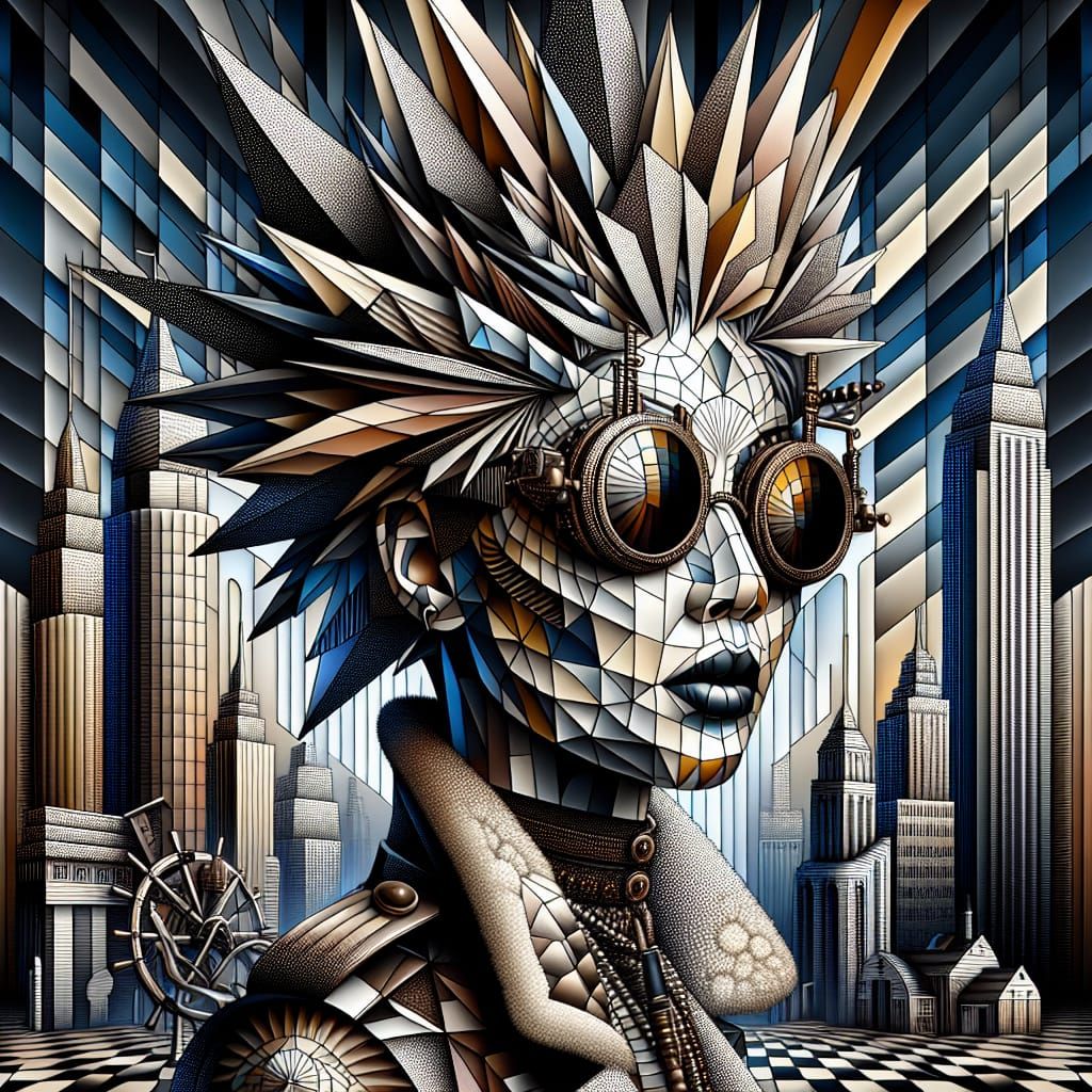 Steampunk Lady in Cubist Cityscape